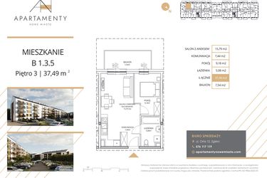 Rzut - Mieszkanie na sprzedaż 2 pokoje o powierzchni 37,49 m² - numer B1.3.5 w Apartamenty Nowe Miasto
