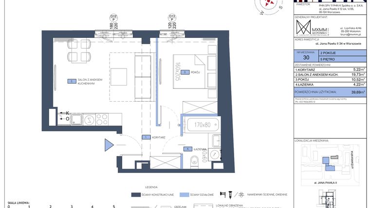 Rzut - Mieszkanie na sprzedaż 2 pokoje o powierzchni 39,69 m² - numer 30 w Apartamenty Jana Pawła 34