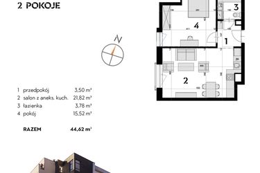 Rzut - Mieszkanie na sprzedaż 2 pokoje o powierzchni 44,62 m² - numer OK-07 w OKI DOKI