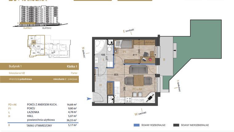Rzut - Mieszkanie na sprzedaż 2 pokoje o powierzchni 36,33 m² - numer 2 w Osiedle Dakar Karolina