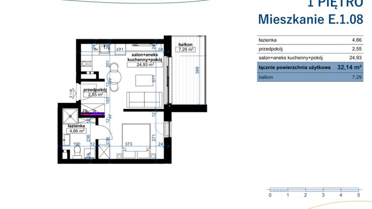 Rzut - Mieszkanie na sprzedaż 1 pokój o powierzchni 32,14 m² - numer E.1.08 w Wzgórze Poetów 2