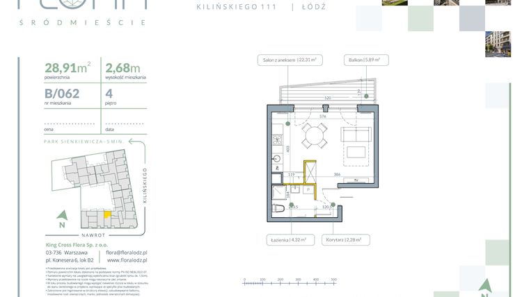 Rzut - Mieszkanie na sprzedaż 1 pokój o powierzchni 28,91 m² - numer B.62 w Flora Śródmieście