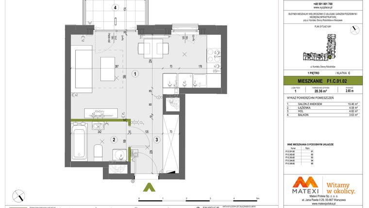 Rzut - Mieszkanie na sprzedaż 1 pokój o powierzchni 28,36 m² - numer F1.C.01.02 w XYZ Place