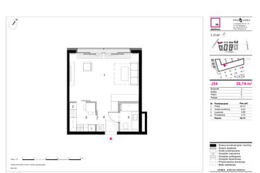 Rzut - Mieszkanie na sprzedaż 1 pokój o powierzchni 38,74 m² - numer J54 w 19. Dzielnica Etap V