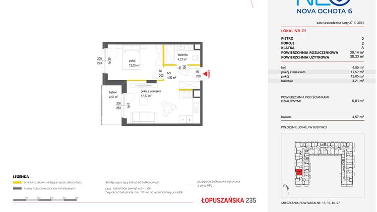 Rzut - Mieszkanie na sprzedaż 2 pokoje o powierzchni 39,14 m² - numer 24 w Neo Nova Ochota 6