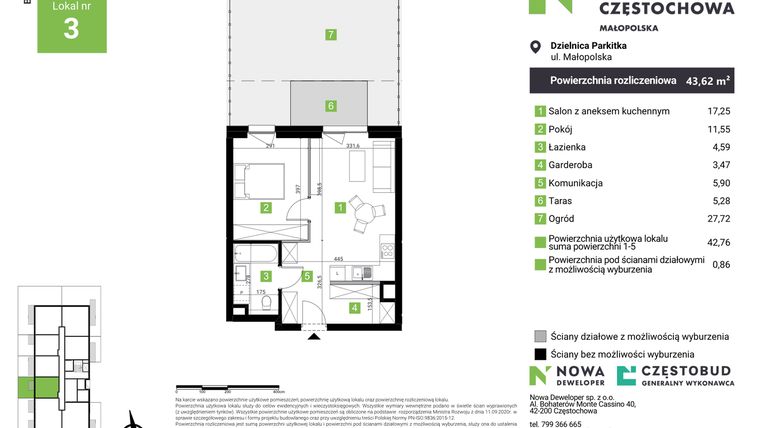 Rzut - Mieszkanie na sprzedaż 2 pokoje o powierzchni 43,62 m² - numer E3 w Nowa Częstochowa Małopolska etap II