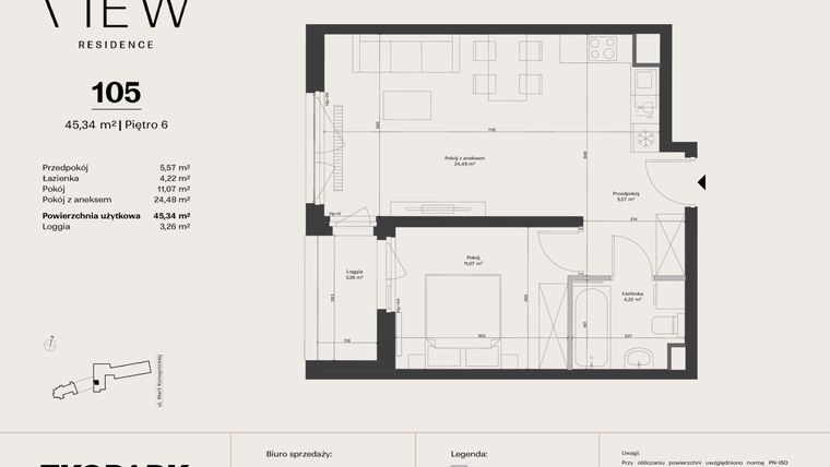 Rzut - Mieszkanie na sprzedaż 2 pokoje o powierzchni 45,34 m² - numer 105 w The View
