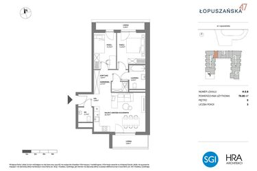 Rzut - Mieszkanie na sprzedaż 3 pokoje o powierzchni 70,05 m² - numer H.5.8 w Łopuszańska 47 - etap 3