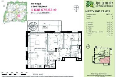 Rzut - Mieszkanie na sprzedaż 3 pokoje o powierzchni 64,91 m² - numer C1.M15 w Apartamenty przy Parku Szczytnickim