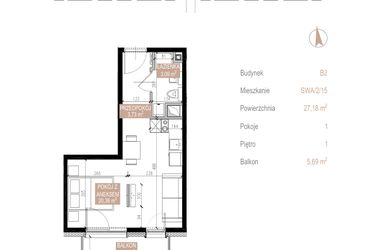 Rzut - Mieszkanie na sprzedaż 1 pokój o powierzchni 27,18 m² - numer SWA/2/15/D w Apartamenty Świeradowska