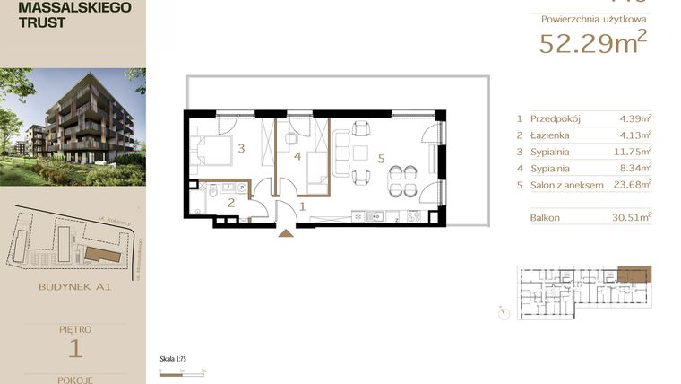 Rzut - Mieszkanie na sprzedaż 3 pokoje o powierzchni 52,29 m² - numer M6 w Massalskiego Trust