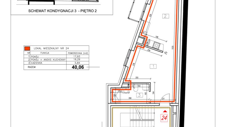 Rzut - Mieszkanie na sprzedaż 2 pokoje o powierzchni 40,06 m² - numer 24 w Alchemik74