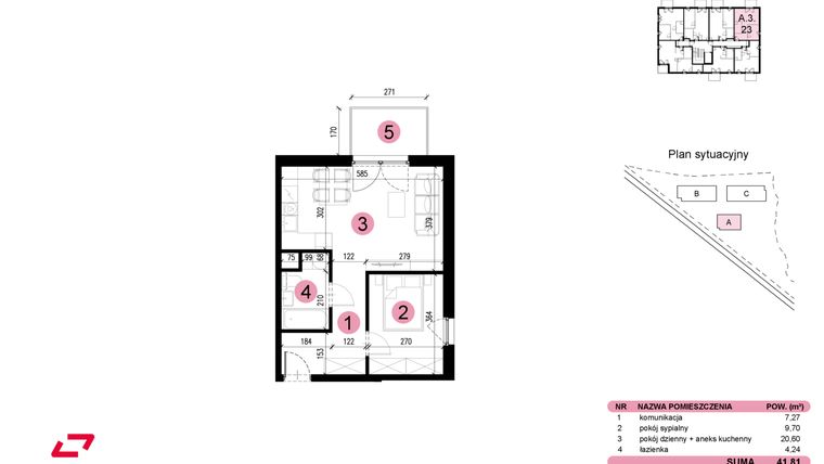 Rzut - Mieszkanie na sprzedaż 2 pokoje o powierzchni 41,81 m² - numer A-3-23 w Nowe Miasto