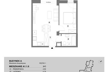 Rzut - Mieszkanie na sprzedaż 2 pokoje o powierzchni 46,98 m² - numer A1.1.6 w ATAL Grabiszyn