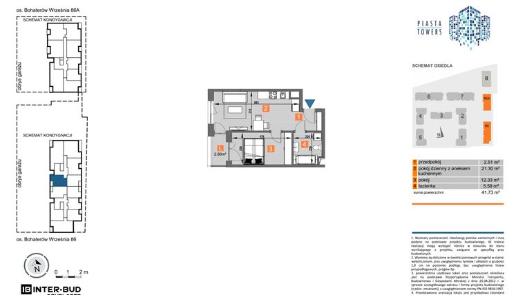 Rzut - Mieszkanie na sprzedaż 2 pokoje o powierzchni 41,73 m² - numer 86.49 w Piasta Towers bud. 86 i 86A