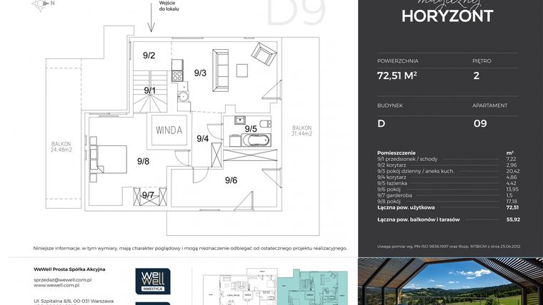 Rzut - Mieszkanie na sprzedaż 3 pokoje o powierzchni 72,51 m² - numer D9 w Magiczny Horyzont Wisła