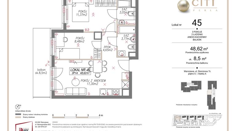 Rzut - Mieszkanie na sprzedaż 3 pokoje o powierzchni 48,98 m² - numer 45 w Comfort City Perła