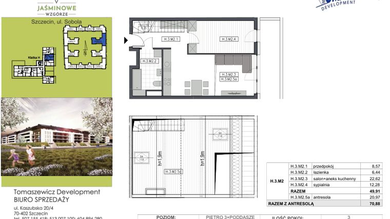 Rzut - Mieszkanie na sprzedaż 3 pokoje o powierzchni 70,88 m² - numer H.3.M2 w Jaśminowe Wzgórze - etap II