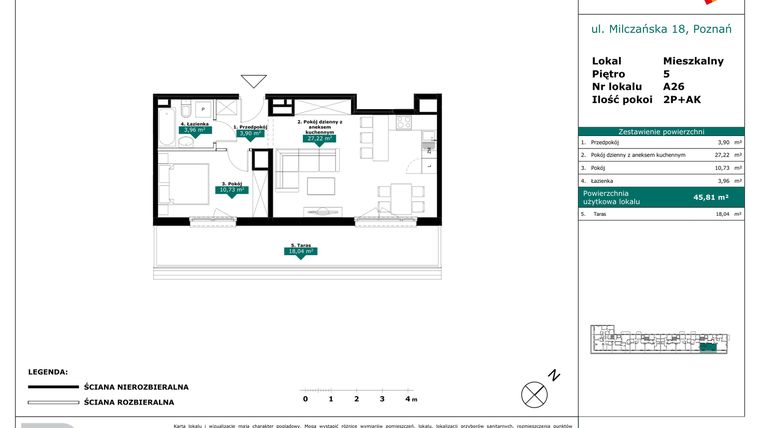 Rzut - Mieszkanie na sprzedaż 2 pokoje o powierzchni 45,81 m² - numer A26 w Milczańska 18
