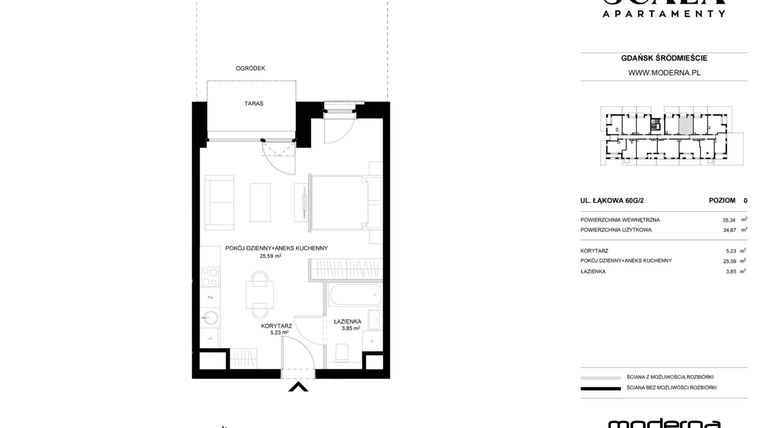 Rzut - Mieszkanie na sprzedaż 1 pokój o powierzchni 34,67 m² - numer G-2 (E) w Scala