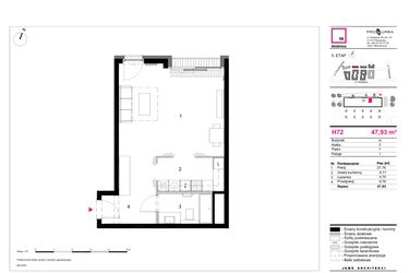 Rzut - Mieszkanie na sprzedaż 1 pokój o powierzchni 47,93 m² - numer H72 w 19. Dzielnica Etap V