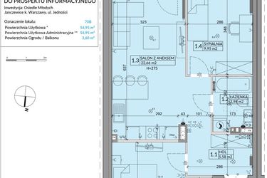 Rzut - Mieszkanie na sprzedaż 3 pokoje o powierzchni 54,95 m² - numer 70B w Osiedle Młodych etap VII