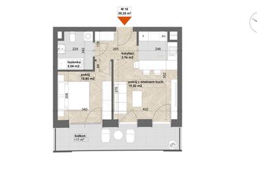 Rzut - Mieszkanie na sprzedaż 2 pokoje o powierzchni 39,35 m² - numer 16 w Apartamenty Śródmieście