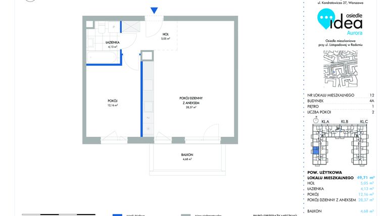 Rzut - Mieszkanie na sprzedaż 2 pokoje o powierzchni 49,81 m² - numer 12.4A w Osiedle Idea Aurora