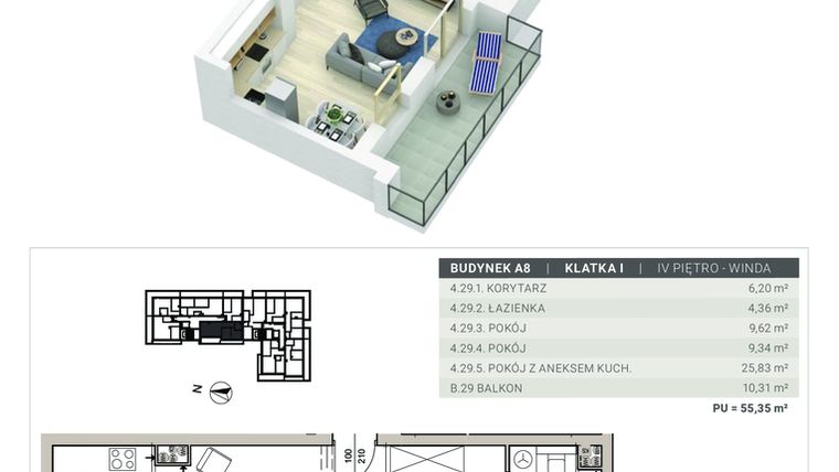 Rzut - Mieszkanie na sprzedaż 3 pokoje o powierzchni 55,35 m² - numer A.8.M29 w Sobola Biel A8
