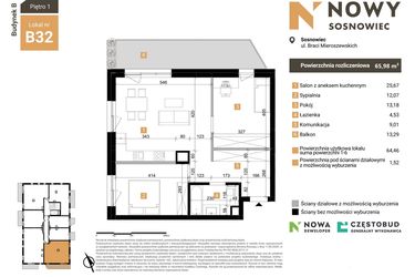 Rzut - Mieszkanie na sprzedaż 3 pokoje o powierzchni 65,98 m² - numer B32 w Nowy Sosnowiec