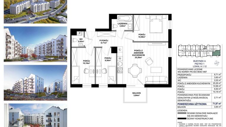 Rzut - Mieszkanie na sprzedaż 4 pokoje o powierzchni 71,97 m² - numer A.1.12 w Skandinavia