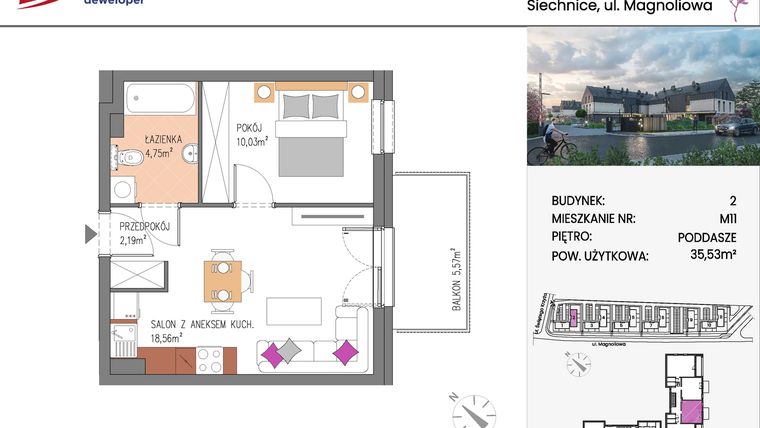 Rzut - Mieszkanie na sprzedaż 2 pokoje o powierzchni 35,53 m² - numer Bud.2-11 w Willa Magnolia