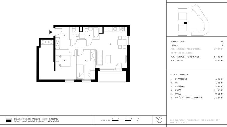 Rzut - Mieszkanie na sprzedaż 3 pokoje o powierzchni 67,41 m² - numer A8.P1 w Nocznickiego 29 bud. A