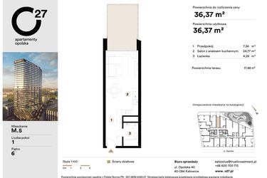 Rzut - Mieszkanie na sprzedaż 1 pokój o powierzchni 36,37 m² - numer M.5 w O27 Apartamenty Opolska