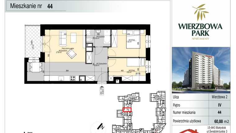 Rzut - Mieszkanie na sprzedaż 3 pokoje o powierzchni 60,88 m² - numer M-44 w Wierzbowa Park