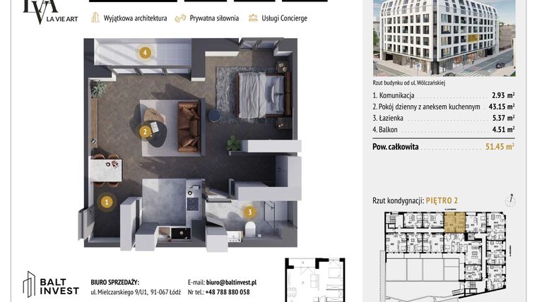 Rzut - Mieszkanie na sprzedaż 1 pokój o powierzchni 51,45 m² - numer M2.3 w La Vie Art