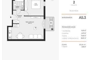 Rzut - Mieszkanie na sprzedaż 2 pokoje o powierzchni 46 m² - numer A5.3 w Enklawa Bukowa
