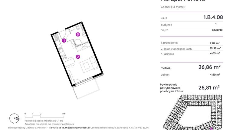 Rzut - Mieszkanie na sprzedaż 1 pokój o powierzchni 26,81 m² - numer 1.B.4.08 w Murapol Portovo etap II