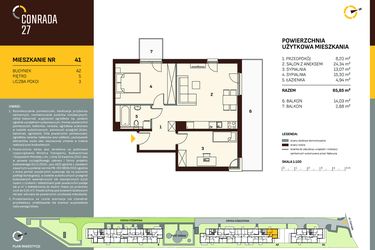 Rzut - Mieszkanie na sprzedaż 3 pokoje o powierzchni 65,85 m² - numer A2.41 w Conrada 27