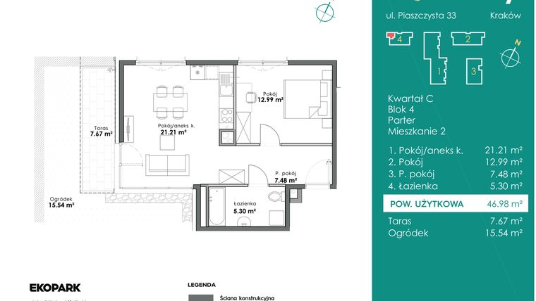 Rzut - Mieszkanie na sprzedaż 2 pokoje o powierzchni 46,98 m² - numer C4-2 w Slow City