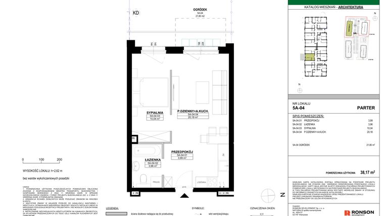 Rzut - Mieszkanie na sprzedaż 2 pokoje o powierzchni 38,17 m² - numer 5A-04 w Nowa Północ etap 2A