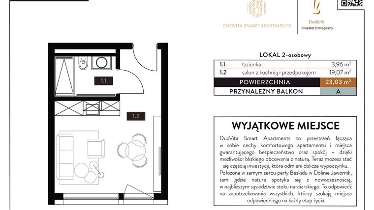 Rzut - Mieszkanie na sprzedaż 1 pokój o powierzchni 23,03 m² - numer 3.2.06 w DuoVita Smart Apartments
