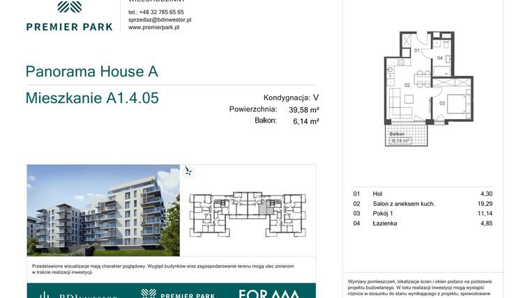 Rzut - Mieszkanie na sprzedaż 2 pokoje o powierzchni 39,58 m² - numer A1.4.05 w Premier Park II