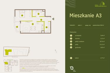 Rzut - Mieszkanie na sprzedaż 2 pokoje o powierzchni 47,89 m² - numer A3 w Osiedle Imbramowskie