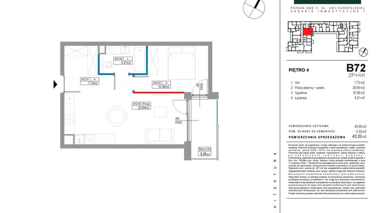 Rzut - Mieszkanie na sprzedaż 2 pokoje o powierzchni 43 m² - numer B072 w Grunwald Między Drzewami etap II