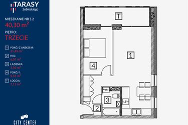 Rzut - Mieszkanie na sprzedaż 2 pokoje o powierzchni 40,3 m² - numer B2.M.3.2 w Tarasy Sobieskiego