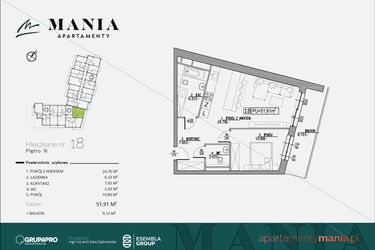 Rzut - Mieszkanie na sprzedaż 2 pokoje o powierzchni 51,91 m² - numer 18 w MANIA Apartamenty