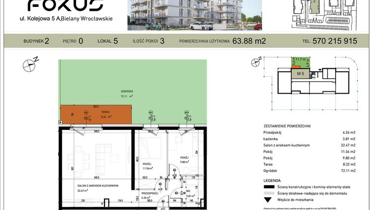 Rzut - Mieszkanie na sprzedaż 3 pokoje o powierzchni 63,88 m² - numer II.5 w Fokus Bielany