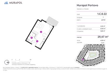 Rzut - Mieszkanie na sprzedaż 1 pokój o powierzchni 29,47 m² - numer 1.C.0.22 w Murapol Portovo etap II