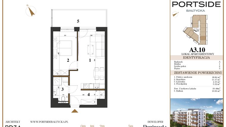 Rzut - Mieszkanie na sprzedaż 2 pokoje o powierzchni 39,48 m² - numer A3.10 w Portside Bałtycka